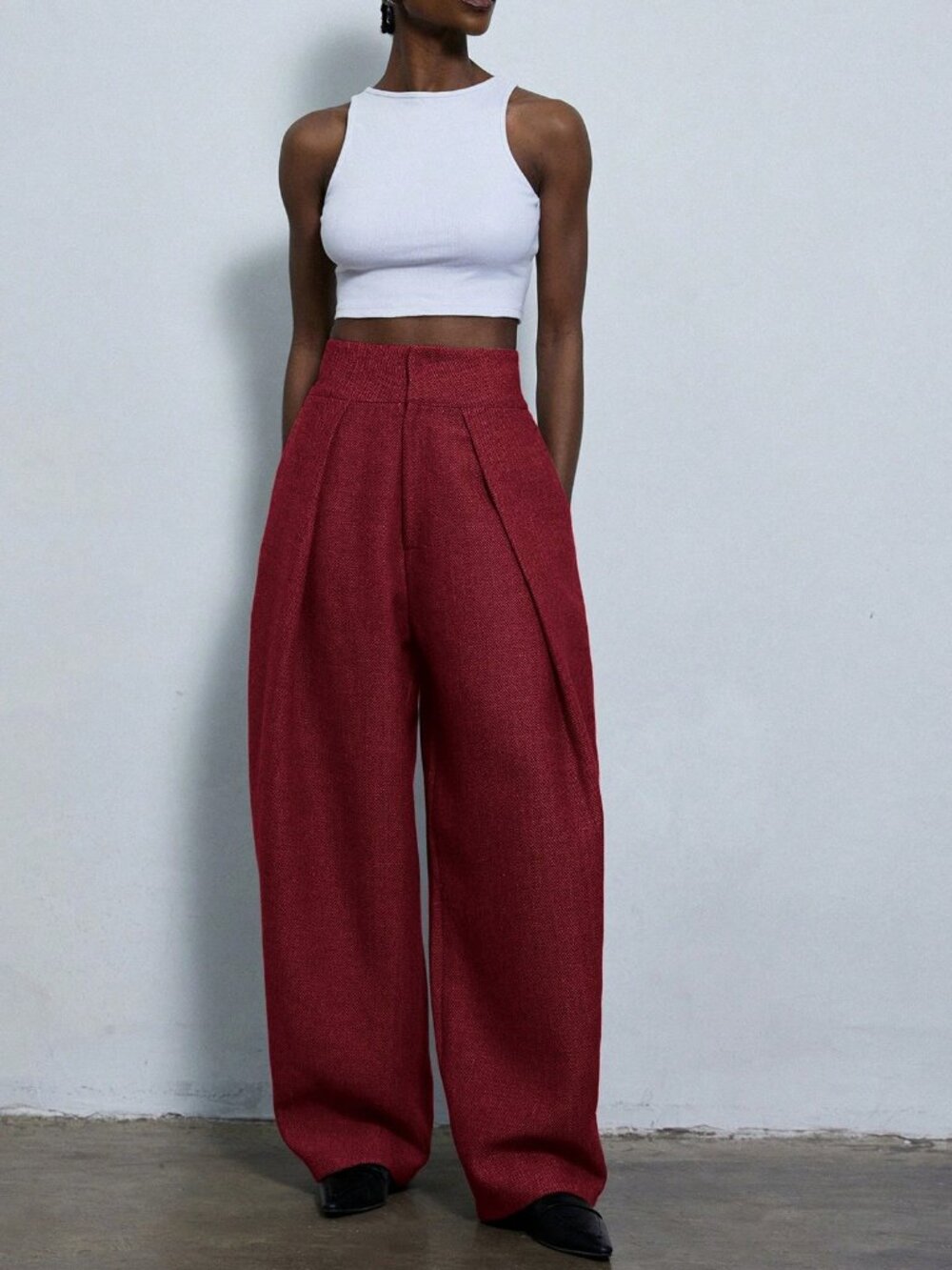 burgundy  Casual Women's Design Pleated Loose Wide-Leg Suit Pant